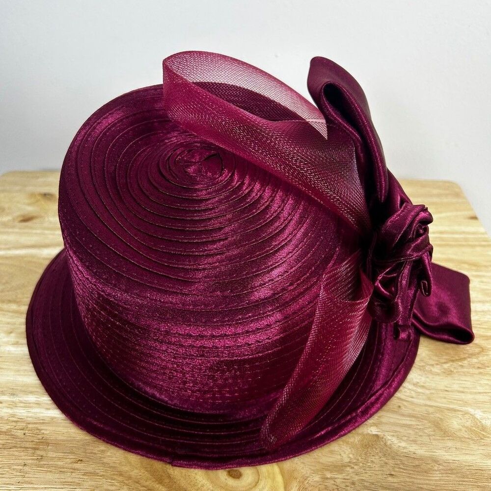 Vintage Style Burgundy Church Hat Women Kentucky Derby Satin Bow Mesh Brim - Picture 4 of 8